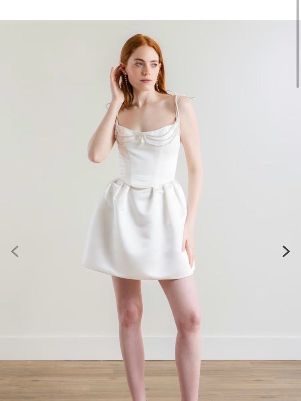 Watters Ivory Satin Mini Dress with Pearl-Trim Spaghetti Straps